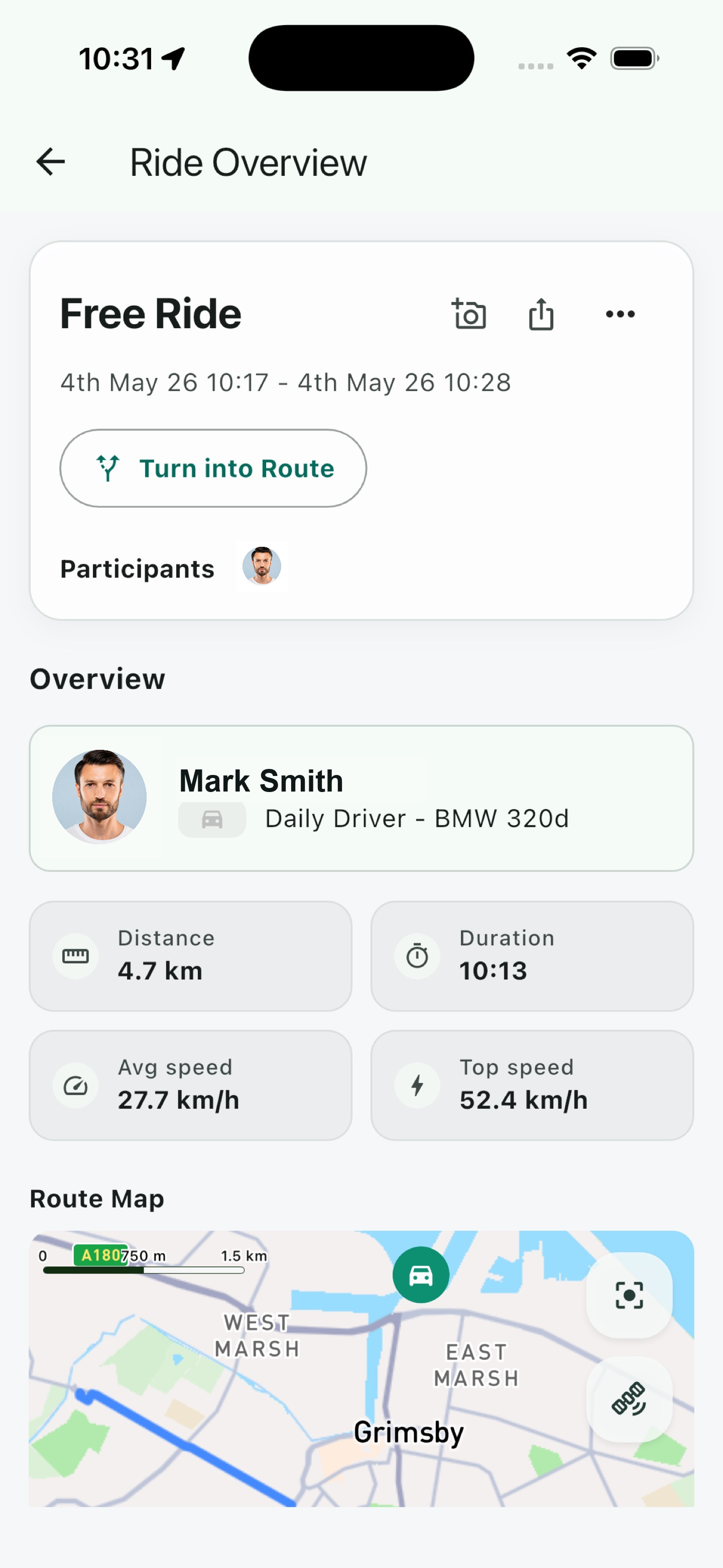 WayForge permissions and ride overview screenshot